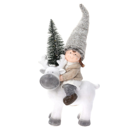 Bimbo con cappello in pelliccia su renna decorazione natalizia in poliresina h 60 cm