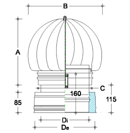 Fumaiolo da 180-230mm radiante tipo eolico inox AISI 304 base tonda doppia parete
