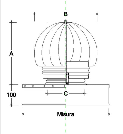 Fumaiolo da 32x52cm base rettangolare tipo radiante eolico inox AISI 304