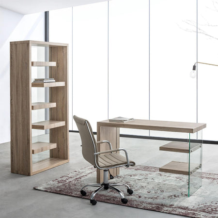 Scrivania moderna "Bilbao" da ufficio e cameretta in legno con piedi in vetro temperato 120 cm