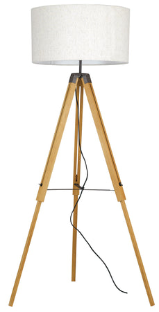 Piantana Treppiedi Legno di Ciliegio Paralume Tessuto Bianco Lampada da Terra Moderna E27