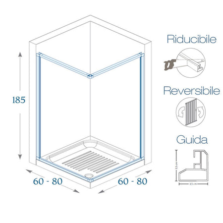 BOX DOCCIA ANGOLARE RICHIUDIBILE 80 X 80 BIANCO APERTURA A SOFFIETTO RIDUCIBILE SU MISURA