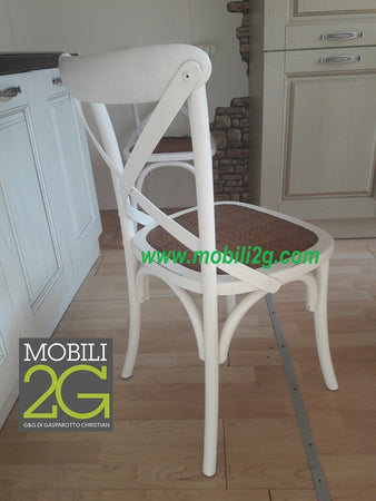 MOBILI 2G - SET 2 Sedie Cross Bistrot Shabby Vintage Bianco Olmo Seduta Rivestita Rattan Naturale Modello (6086)