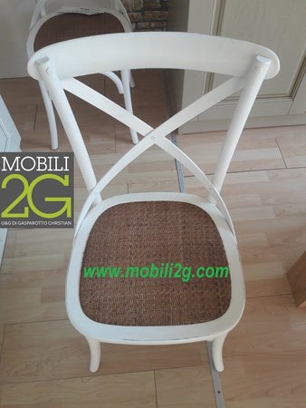 MOBILI 2G - SET 2 Sedie Cross Bistrot Shabby Vintage Bianco Olmo Seduta Rivestita Rattan Naturale Modello (6086)