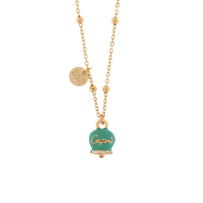 BYSIMON - Collana in Metallo con campanella portafortuna verde marino e scritta Capri