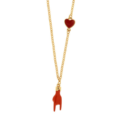 BYSIMON - Collana in Metallo con pendente a forma di corna porta fortuna e cuore rosso