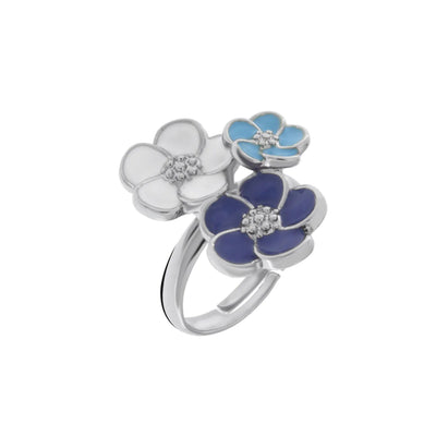 BYSIMON Anello Donna in Metallo con tre fiori di colore blu, bianco e celeste