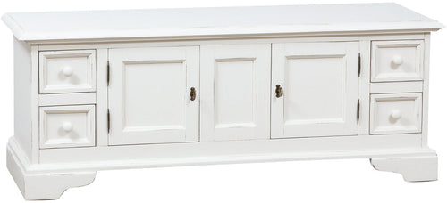 Biscottini Mobile porta tv Country in legno massello di tiglio finitura bianca anticata L150xPR51xH56 cm. Made in Italy