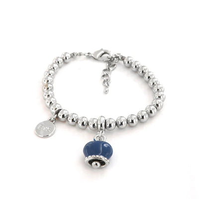 BySimon - Bracciale in Metallo maglia a sfere, con campanella portafortuna pendente, impreziosita da smalto blu e cristalli