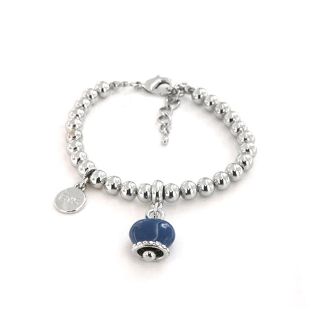 BySimon - Bracciale in Metallo maglia a sfere, con campanella portafortuna pendente, impreziosita da smalto blu e cristalli