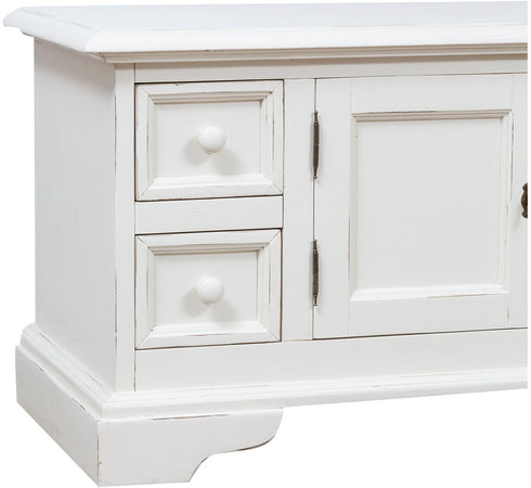 Biscottini Mobile porta tv Country in legno massello di tiglio finitura bianca anticata L150xPR51xH56 cm. Made in Italy