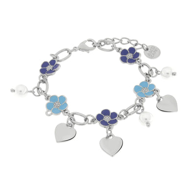 BySimon - Bracciale in Metallo con fiori blu e cuori pendenti