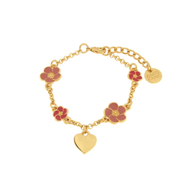 BySimon - Bracciale in Metallo con fiori rosa e cuore pendente