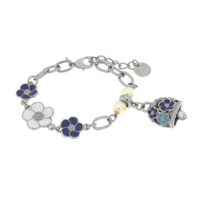 BySimon - Bracciale in Metallo con campanella e fiori blu e bianchi