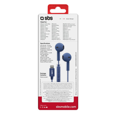 SBS Auricolari Filo TESPHAWKBTTWSK Blu Connettore Lightning