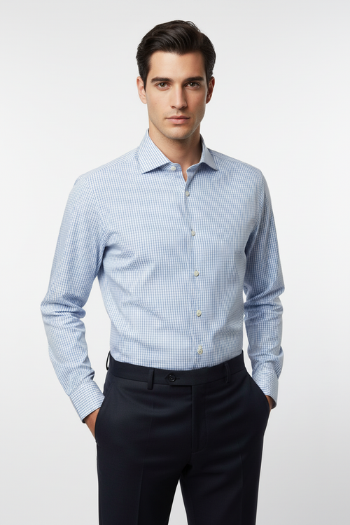 Camicia uomo Borriello - Collo francese - bianco quadretti celesti