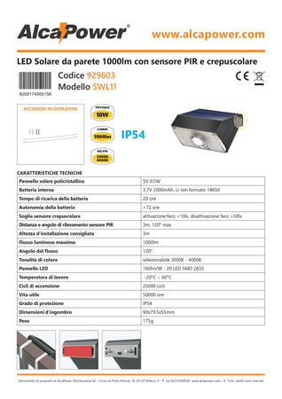 Alca Power lampada proiettore solare da parete 20 led da 0,5W 1000 lumen