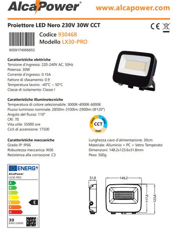 Alca Power LX30-PRO proiettore led da 30W a 220-240V temperatura di colore e flusso luminoso regolabile
