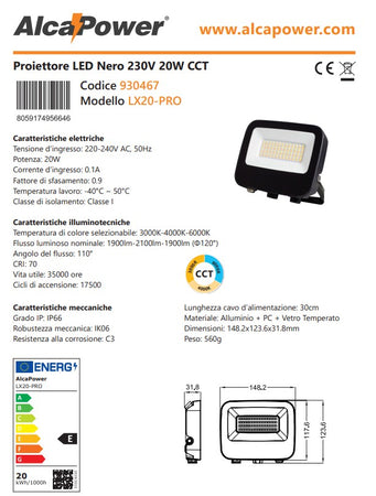 Alca Power LX20-PRO proiettore led da 20W a 220-240V temperatura di colore e flusso luminoso regolabile