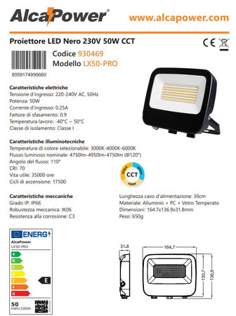 Alca Power LX50-PRO proiettore led da 50W a 220-240V temperatura di colore e flusso luminoso regolabile