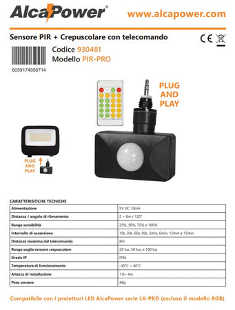 Alca Power sensore PIR PRO + crepuscolare con telecomando