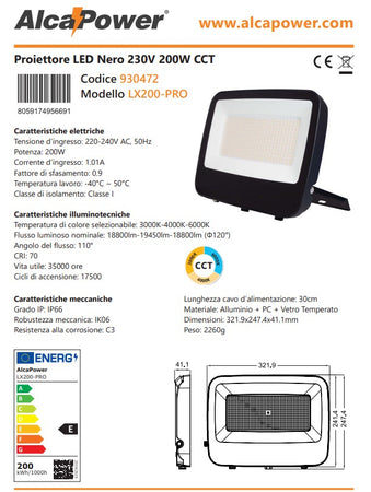 Alca Power LX200-PRO proiettore led da 200W a 220-240V temperatura di colore e flusso luminoso regolabile