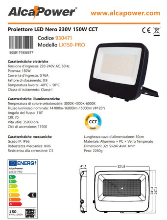 Alca Power LX150-PRO proiettore led da 150W a 220-240V temperatura di colore e flusso luminoso regolabile