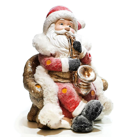 Babbo natale con strumento h 36 cm decorazione natalizia in poli resina con led