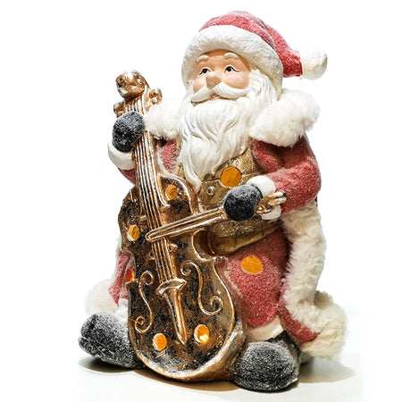 Babbo natale con strumento h 36 cm decorazione natalizia in poli resina con led