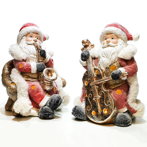 Babbo natale con strumento h 36 cm decorazione natalizia in poli resina con led