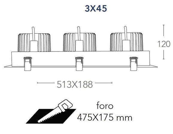Faretto Nero Bianco 3 Luci Orientabili Incasso Controsoffittatura Led 135 watt 4000 kelvin