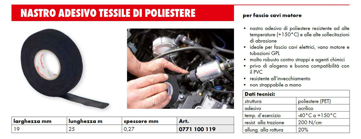 Nastro adesivo 19 mm x 25 mt in tessuto nero di poliestere per raggruppare e fissare fasci di cavi