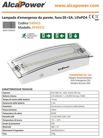Alca Power lampada d' emergenza da parete 6500K 100lm SE+SA, LiFePO4, IP65