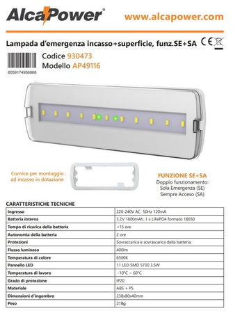 Alca Power lampada d' emergenza da incasso/superficie 6500K 400lm SE+SA AP49116