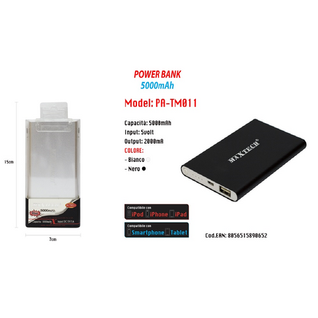 Power Bank Caricabatterie Portatile Usb 5000mah Per Smartphone Batteria Esterna Maxtech Pa-tm011