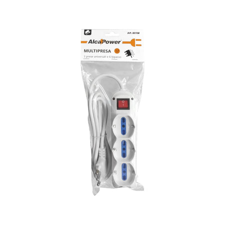 Alca Power multipresa bianca con 6 bipasso + 3 universali con spinaa 90° cavo da 1,5mt con interruttore