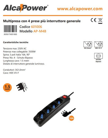 Alca Power multipresa nera con 4 prese universali spina a 90° cavo da 1,5mt con interruttore