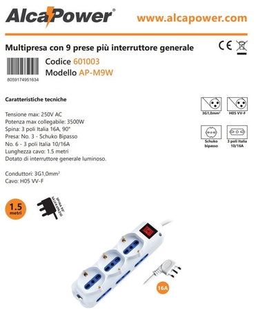 Alca Power multipresa bianca con 6 bipasso + 3 universali con spinaa 90° cavo da 1,5mt con interruttore