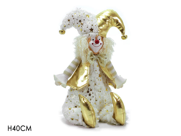 Clown Seduto H40cm Oro con Decorazioni Bianche