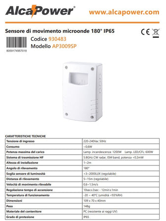 Alca Power sensore di movimento microonde 180° IP65
