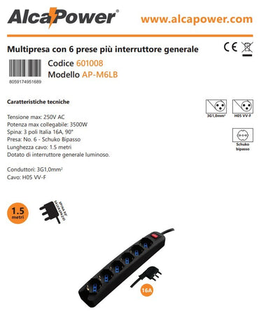 Alca Power multipresa nera con 6 prese universali spina a 90° cavo da 1,5mt con interruttore