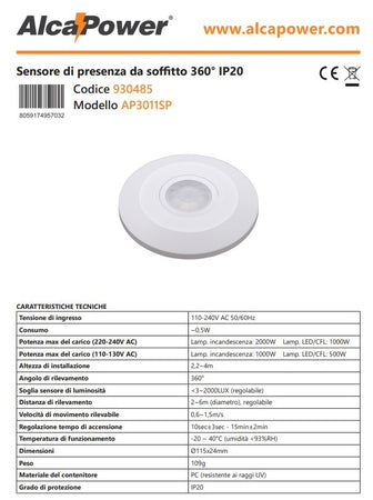 Alca Power sensore di presenza da soffitto 360° IP20