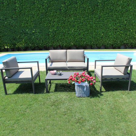 Salottino moderno per esterno "Ibiza" in alluminio con cuscini da giardino e veranda
