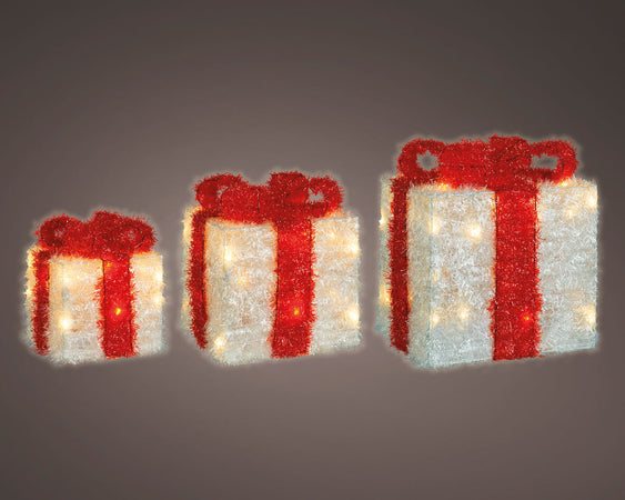 Set 3 pacchi regalo luminoso color bianco e rosso per uso interno ed esterno
