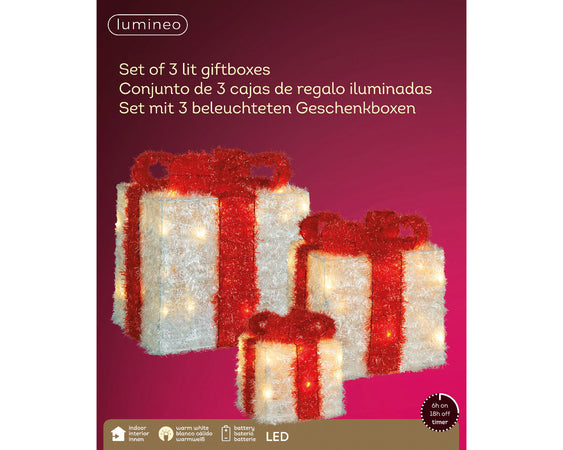 Set 3 pacchi regalo luminoso color bianco e rosso per uso interno ed esterno