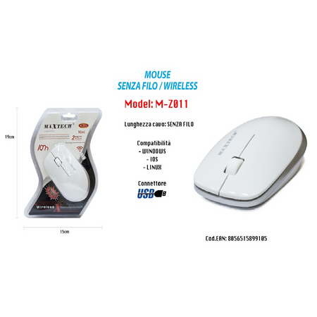 Mouse Senza Fili Wifi 2.4 Ghz Per Computer Pc Notebook Wireless Maxtech M-z011