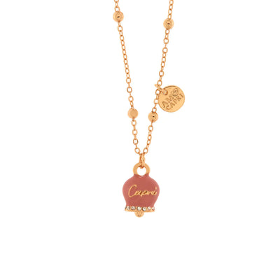 BYSIMON - Collana in Metallo con campanella portafortuna pendente impreziosita da smalto rosa e cristalli