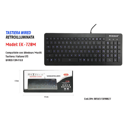 Tastiera Wired Retroilluminata Impermeabile Windows Pc Con Filo Maxtech Ek-720m