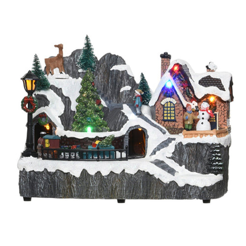 Scena animata a Led Paesaggio di montagna con Bambino e Pupazzo di Neve, decorazione da 23 cm