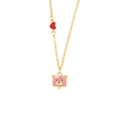 BYSIMON - Collana in Metallo con campanella a forma di orso rosa e cuore rosso